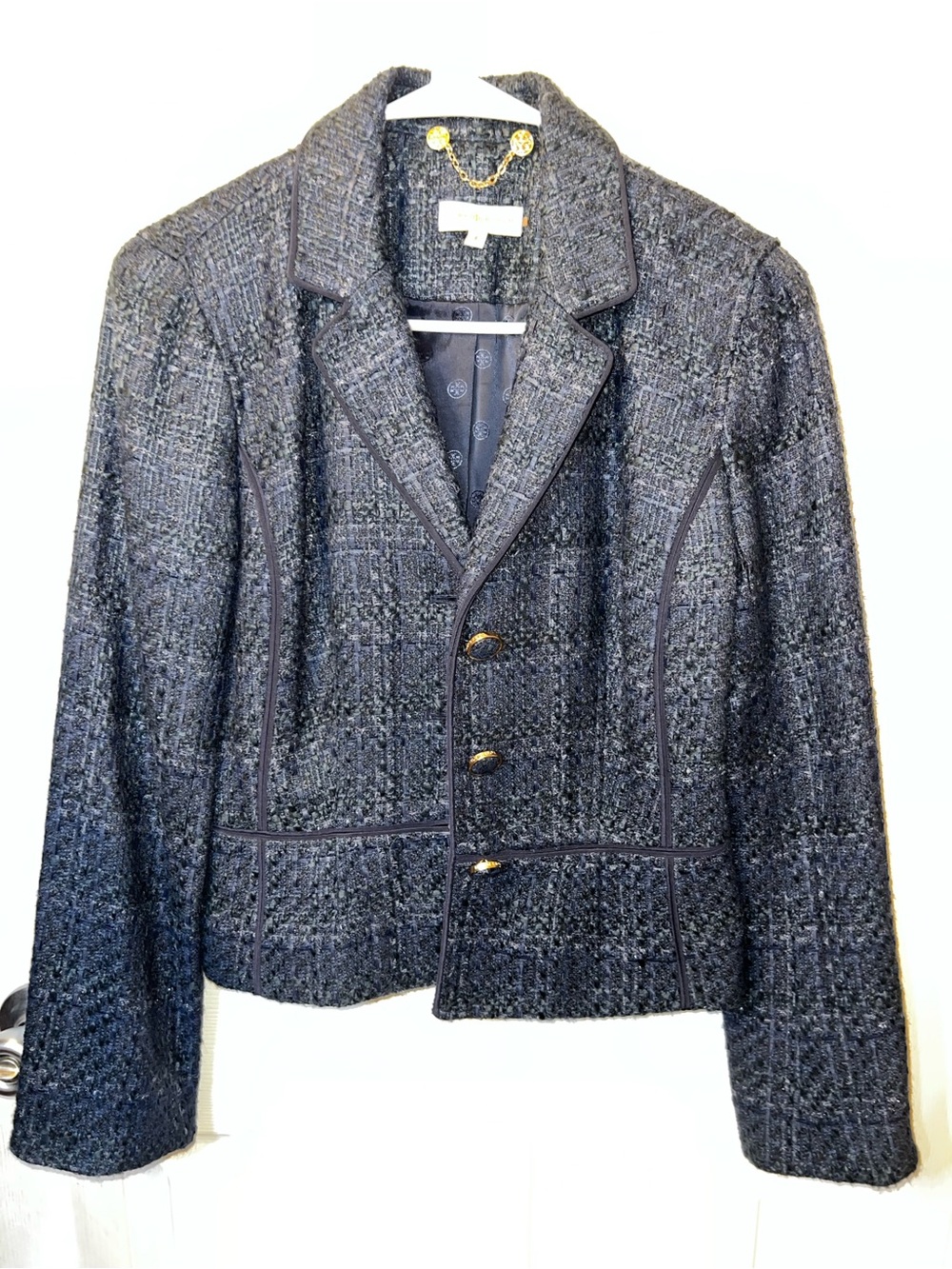 Tory Burch Metallic Navy Blue Tweed Blazer Jacket Gold Logo Hardware Size 6